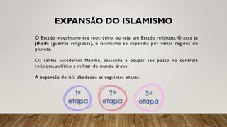 1ª
etapa
EXPANSÃO DO ISLAMISMO
O Estado muçulmano era teocrático, ou seja, um Estado religioso. Graças às
jihads (guerras religiosas), o islamismo se expandiu por várias regiões do
planeta.
Os califas sucederam Maomé, passando a ocupar seu posto no controle
religioso, político e militar do mundo árabe.
A expansão do islã obedeceu as seguintes etapas:
2ª
etapa
3ª
etapa
 