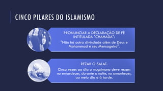 CINCO PILARES DO ISLAMISMO
PRONUNCIAR A DECLARAÇÃO DE FÉ
INTITULADA "CHAHADA":
"Não há outra divindade além de Deus e
Mohammad é seu Mensageiro".
REZAR O SALAT:
Cinco vezes ao dia o muçulmano deve rezar:
no entardecer, durante a noite, no amanhecer,
ao meio dia e à tarde.
 