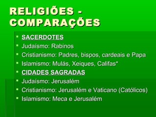 RELIGIÕES -RELIGIÕES -
COMPARAÇÕESCOMPARAÇÕES
 SACERDOTESSACERDOTES
 Judaísmo: RabinosJudaísmo: Rabinos
 Cristianismo: Padres, bispos, cardeais e PapaCristianismo: Padres, bispos, cardeais e Papa
 Islamismo: Mulás, Xeiques, Califas*Islamismo: Mulás, Xeiques, Califas*
 CIDADES SAGRADASCIDADES SAGRADAS
 Judaísmo: JerusalémJudaísmo: Jerusalém
 Cristianismo: Jerusalém e Vaticano (Católicos)Cristianismo: Jerusalém e Vaticano (Católicos)
 Islamismo: Meca e JerusalémIslamismo: Meca e Jerusalém
 