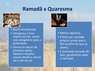 Ramadã x Quaresma


• Muito disciplinado,
• Ultrapassa o livre        • Menos rigoroso,
  arbítrio do fiel, sendo   • É feito por vontade
  este obrigatório após a     própria sendo que o
  puberdade.                  fiel escolhe do que se
• Deverá se abster de         abster,
  alimento sólido,          • É praticado durante 40
  líquido e relações          dias, geralmente após
  sexuais desde o nascer,     o carnaval.
  até o pôr do sol.
 