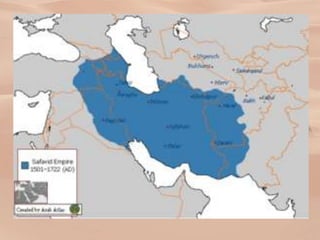 Safavid Empire Formed
• 1501- Isma’il a Sufi mystic names
himself Shah
• Begins expanding
• 1514- Battle of Chaldiran- defeated by
Ottoman, stops westward expansion of
shi’ism
 
