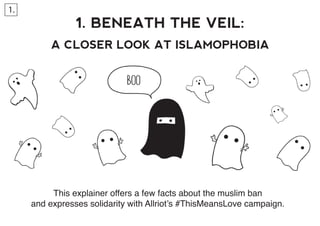 1. BENEATH THE VEIL:
A CLOSER LOOK AT ISLAMOPHOBIA
This explainer offers a few facts about the muslim ban
and expresses solidarity with Allriot’s #ThisMeansLove campaign.
1.
 