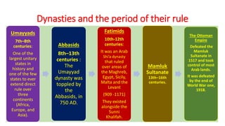 Dynasties and the period of their rule
Umayyads
7th–8th
centuries:
One of the
largest unitary
states in
history and
one of the few
states to ever
extend direct
rule over
three
continents
(Africa,
Europe, and
Asia).
Abbasids
8th–13th
centuries :
The
Umayyad
dynasty was
toppled by
the
Abbasids, in
750 AD.
Fatimids
10th-12th
centuries:
It was an Arab
Shi’a dynasty
that ruled
over areas of
the Maghreb,
Egypt, Sicily,
Malta and the
Levant
(909 -1171)
They existed
alongside the
Sunni
Khalifah.
Mamluk
Sultanate
13th–16th
centuries.
The Ottoman
Empire
Defeated the
Mamluk
Sultanate in
1517 and took
control of most
Arab lands.
It was defeated
by the end of
World War one,
1918.
 