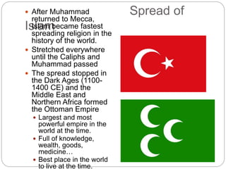 Spread of
Islam
 After Muhammad
returned to Mecca,
Islam became fastest
spreading religion in the
history of the world.
 Stretched everywhere
until the Caliphs and
Muhammad passed
 The spread stopped in
the Dark Ages (1100-
1400 CE) and the
Middle East and
Northern Africa formed
the Ottoman Empire
 Largest and most
powerful empire in the
world at the time.
 Full of knowledge,
wealth, goods,
medicine…
 Best place in the world
to live at the time.
 