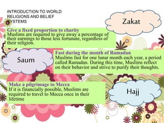 Give a fixed proportion to charity
Muslims are required to give away a percentage of
their earnings to those less fortunate, regardless of
their religion.
INTRODUCTION TO WORLD
RELIGIONS AND BELIEF
SYSTEMS
Hajj
Zakat
Fast during the month of Ramadan
Muslims fast for one lunar month each year, a period
called Ramadan. During this time, Muslims reflect
on their behavior and strive to purify their thoughts.
Make a pilgrimage to Mecca
If it is financially possible, Muslims are
required to travel to Mecca once in their
lifetime
Saum
 