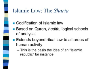 Islamic Law: The Sharia
 Codification of Islamic law
 Based on Quran, hadith, logical schools
of analysis
 Extends beyond ritual law to all areas of
human activity
– This is the basis the idea of an “Islamic
republic” for instance
 
