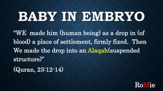 BABY IN EMBRYO
“WE made him (human being) as a drop in (of
blood) a place of settlement, firmly fixed. Then
We made the drop into an Alaqah(suspended
structure)”
(Quran, 23:12-14)
RoMie
 