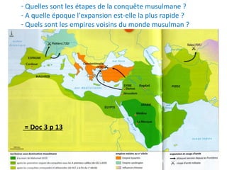 - Quelles sont les étapes de la conquête musulmane ?
- A quelle époque l’expansion est-elle la plus rapide ?
- Quels sont les empires voisins du monde musulman ?
= Doc 3 p 13
 