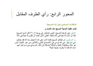 ‫الرابع‬ ‫المحور‬:‫المقابل‬ ‫الطرف‬ ‫رأي‬
‫المسيحية‬ ‫إله‬ ‫حول‬ ‫المسلمين‬ ‫اﻻنتقادات‬
‫عقيدة‬ ‫كتاب‬‫عند‬ ‫المسيح‬ ‫ألوهية‬‫النصارى‬
‫الدليل‬:،‫المسيح‬ ‫ألوهية‬ ‫على‬‫النص‬‫يوحنا‬ ‫في‬ ‫المذكور‬٥:٢٦‫المسيح‬ ‫السيد‬ ‫قال‬:
‫اﻻ‬ ‫ى‬َ‫ط‬ْ‫ع‬َ‫أ‬ َ‫ك‬ِ‫ل‬‫ذ‬َ‫ك‬ ِ‫ه‬ِ‫ت‬‫ا‬َ‫ذ‬ ‫ي‬ِ‫ف‬ ٌ‫ة‬‫ا‬َ‫ي‬َ‫ح‬ ُ‫ه‬َ‫ل‬ َ‫اﻵب‬ ‫ﱠ‬‫ن‬َ‫أ‬ ‫ا‬َ‫م‬َ‫ك‬َ‫ي‬َ‫ح‬ ُ‫ه‬َ‫ل‬ َ‫ون‬ُ‫ك‬َ‫ت‬ ْ‫ن‬َ‫أ‬ ‫ا‬ً‫ض‬ْ‫ي‬َ‫أ‬ َ‫ْن‬‫ب‬‫ه‬ِ‫ت‬‫ا‬َ‫ذ‬ ‫ي‬ِ‫ف‬ ٌ‫ة‬‫ا‬
‫المسلمين‬ ‫رد‬:‫فقد‬ ‫اله‬ ‫منه‬ ‫تجعل‬ ‫ﻻ‬ ‫ﷲ‬ ‫على‬ ‫اﻻب‬ ‫كلمة‬ ‫المسيح‬ ‫إطﻼق‬ ‫ان‬‫خ‬‫اطب‬
‫بني‬‫موسى‬ ‫ﷲ‬ ‫نبي‬ ‫اسرائيل‬‫في‬‫سفر‬ ‫من‬ ‫والثﻼثون‬ ‫الثاني‬ ‫اﻷصحاح‬‫التثنية‬:‫اليس‬
‫علمك‬ ‫ومقتنيك؟‬ ‫اباك‬ ‫هو‬‫وانشﺄك؟‬‫إضافة‬‫إسرائيل‬ ‫بني‬ ‫يدعي‬ ‫الم‬ ،‫ذلك‬ ‫الى‬‫انهم‬
‫الهة؟‬ ‫جميعا‬ ‫يكونوا‬ ‫ﻻ‬ ‫فلما‬ ‫ﷲ‬ ‫أبناء‬
 