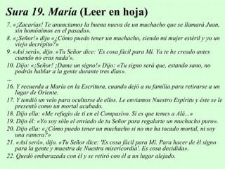 Sura 19. María (Leer en hoja)
7. «¡Zacarías! Te anunciamos la buena nueva de un muchacho que se llamará Juan,
    sin homónimos en el pasado».
8. «¡Señor!» dijo «¿Cómo puedo tener un muchacho, siendo mi mujer estéril y yo un
    viejo decrépito?»
9. «Así será», dijo. «Tu Señor dice: 'Es cosa fácil para Mí. Ya te he creado antes
    cuando no eras nada'».
10. Dijo: «¡Señor! ¡Dame un signo!» Dijo: «Tu signo será que, estando sano, no
    podrás hablar a la gente durante tres días».
…
16. Y recuerda a María en la Escritura, cuando dejó a su familia para retirarse a un
    lugar de Oriente.
17. Y tendió un velo para ocultarse de ellos. Le enviamos Nuestro Espíritu y éste se le
    presentó como un mortal acabado.
18. Dijo ella: «Me refugio de ti en el Compasivo. Si es que temes a Alá...»
19. Dijo él: «Yo soy sólo el enviado de tu Señor para regalarte un muchacho puro».
20. Dijo ella: «¿Cómo puedo tener un muchacho si no me ha tocado mortal, ni soy
    una ramera?»
21. «Así será», dijo. «Tu Señor dice: 'Es cosa fácil para Mí. Para hacer de él signo
    para la gente y muestra de Nuestra misericordia'. Es cosa decidida».
22. Quedó embarazada con él y se retiró con él a un lugar alejado.
 