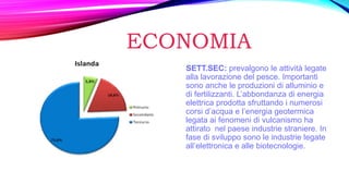 ECONOMIA
SETT.SEC: prevalgono le attività legate
alla lavorazione del pesce. Importanti
sono anche le produzioni di alluminio e
di fertilizzanti. L’abbondanza di energia
elettrica prodotta sfruttando i numerosi
corsi d’acqua e l’energia geotermica
legata ai fenomeni di vulcanismo ha
attirato nel paese industrie straniere. In
fase di sviluppo sono le industrie legate
all’elettronica e alle biotecnologie.
 