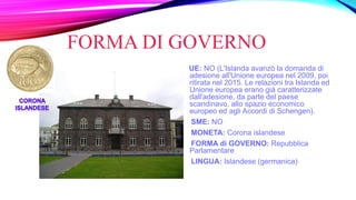 FORMA DI GOVERNO
UE: NO (L'Islanda avanzò la domanda di
adesione all'Unione europea nel 2009, poi
ritirata nel 2015. Le relazioni tra Islanda ed
Unione europea erano già caratterizzate
dall'adesione, da parte del paese
scandinavo, allo spazio economico
europeo ed agli Accordi di Schengen).
SME: NO
MONETA: Corona islandese
FORMA di GOVERNO: Repubblica
Parlamentare
LINGUA: Islandese (germanica)
 