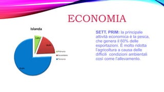 ECONOMIA
SETT. PRIM: la principale
attività economica è la pesca,
che genera il 60% delle
esportazioni. È molto ridotta
l’agricoltura a causa delle
difficili condizioni ambientali
così come l’allevamento.
 