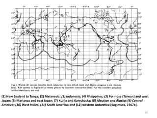 20
(1) New Zealand to Tonga; (2) Melanesia; (3) Indonesia; (4) Philippines; (5) Formosa (Taiwan) and west
Japan; (6) Marianas and east Japan; (7) Kurile and Kamchatka; (8) Aleutian and Alaska; (9) Central
America; (10) West Indies; (11) South America; and (12) western Antarctica (Sugimura, 1967b).
 