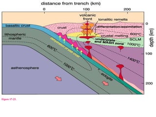 Figure 17-23. Schematic cross section of an active continental margin subduction zone, showing the dehydration of the subducting slab,
hydration and melting of a heterogeneous mantle wedge (including enriched sub-continental lithospheric mantle), crustal underplating of
mantle-derived melts where MASH processes may occur, as well as crystallization of the underplates. Remelting of the underplate to
produce tonalitic magmas and a possible zone of crustal anatexis is also shown. As magmas pass through the continental crust they may
differentiate further and/or assimilate continental crust. Winter (2001) An Introduction to Igneous and Metamorphic Petrology. Prentice
Hall.
 