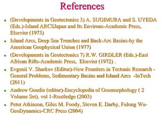 References
 (Developments in Geotectonics 3) A. SUGIMURA and S. UYEDA
(Eds.)-Island ARCSJapan and Its Environs-Academic Press,
Elsevier (1973)
 Island Arcs, Deep Sea Trenches and Back-Arc Basins-by the
American Geophysical Union (1977)
 (Developments in Geotectonics 7) R.W. GIRDLER (Eds.)-East
African Rifts-Academic Press, Elsevier (1972) .
 Evgenii V. Sharkov (Editor)-New Frontiers in Tectonic Research -
General Problems, Sedimentary Basins and Island Arcs -InTech
(2011)
 Andrew Goudie (editor)-Encyclopedia of Geomorphology ( 2
Volume Set). vol 1-Routledge (2003)
 Peter Atkinson, Giles M. Foody, Steven E. Darby, Fulong Wu-
GeoDynamics-CRC Press (2004)
 