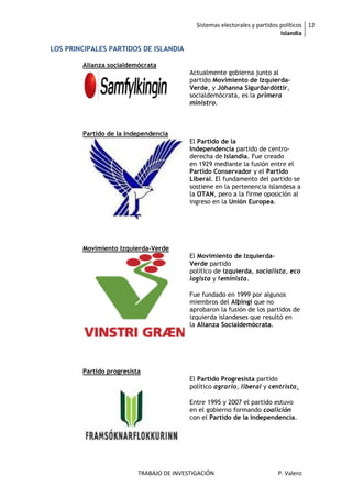 Sistemas electorales y partidos políticos 12
                                                                            Islandia

LOS PRINCIPALES PARTIDOS DE ISLANDIA

        Alianza socialdemócrata
                                          Actualmente gobierna junto al
                                          partido Movimiento de Izquierda-
                                          Verde, y Jóhanna Sigurðardóttir,
                                          socialdemócrata, es la primera
                                          ministro.



        Partido de la Independencia
                                          El Partido de la
                                          Independencia partido de centro-
                                          derecha de Islandia. Fue creado
                                          en 1929 mediante la fusión entre el
                                          Partido Conservador y el Partido
                                          Liberal. El fundamento del partido se
                                          sostiene en la pertenencia islandesa a
                                          la OTAN, pero a la firme oposición al
                                          ingreso en la Unión Europea.




        Movimiento Izquierda-Verde
                                          El Movimiento de Izquierda-
                                          Verde partido
                                          político de izquierda, socialista, eco
                                          logista y feminista.

                                          Fue fundado en 1999 por algunos
                                          miembros del Alþingi que no
                                          aprobaron la fusión de los partidos de
                                          izquierda islandeses que resultó en
                                          la Alianza Socialdemócrata.




        Partido progresista
                                          El Partido Progresista partido
                                          político agrario, liberal y centrista.

                                          Entre 1995 y 2007 el partido estuvo
                                          en el gobierno formando coalición
                                          con el Partido de la Independencia.




                          TRABAJO DE INVESTIGACIÓN                        P. Valero
 