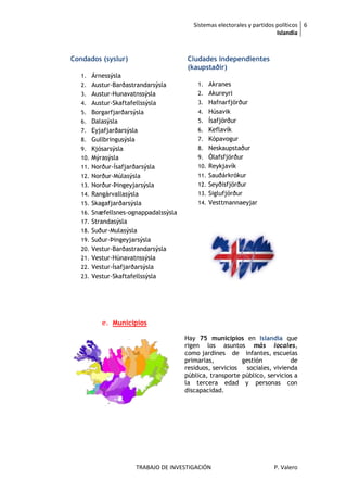 Sistemas electorales y partidos políticos 6
                                                                          Islandia



Condados (syslur)                       Ciudades independientes
                                        (kaupstaðir)
   1. Árnessýsla
   2. Austur-Barðastrandarsýsla            1. Akranes
   3. Austur-Hunavatnssýsla                2. Akureyri
   4. Austur-Skaftafellssýsla              3. Hafnarfjörður
   5. Borgarfjarðarsýsla                   4. Húsavik
   6. Dalasýsla                            5. Ísafjörður
   7. Eyjafjarðarsýsla                     6. Keflavík
   8. Gullbringusýsla                      7. Kópavogur
   9. Kjósarsýsla                          8. Neskaupstaður
   10. Mýrasýsla                           9. Ólafsfjörður
   11. Norður-Ísafjarðarsýsla              10. Reykjavík
   12. Norður-Múlasýsla                    11. Sauðárkrókur
   13. Norður-Þingeyjarsýsla               12. Seyðisfjörður
   14. Rangárvallasýsla                    13. Siglufjörður
   15. Skagafjarðarsýsla                   14. Vesttmannaeyjar
   16. Snæfellsnes-ognappadalssýsla
   17. Strandasýsla
   18. Suður-Mulasýsla
   19. Suður-Þingeyjarsýsla
   20. Vestur-Barðastrandarsýsla
   21. Vestur-Húnavatnssýsla
   22. Vestur-Ísafjarðarsýsla
   23. Vestur-Skaftafellssýsla




          e. Municipios

                                       Hay 75 municipios en Islandia que
                                       rigen los asuntos más locales,
                                       como jardines de infantes, escuelas
                                       primarias,          gestión           de
                                       residuos, servicios   sociales, vivienda
                                       pública, transporte público, servicios a
                                       la tercera edad y personas con
                                       discapacidad.




                        TRABAJO DE INVESTIGACIÓN                        P. Valero
 