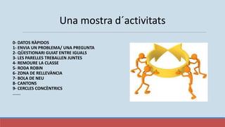 Una mostra d´activitats
0- DATOS RÀPIDOS
1- ENVIA UN PROBLEMA/ UNA PREGUNTA
2- QÜESTIONARI GUIAT ENTRE IGUALS
3- LES PARELLES TREBALLEN JUNTES
4- REMOURE LA CLASSE
5- RODA ROBIN
6- ZONA DE RELLEVÀNCIA
7- BOLA DE NEU
8- CANTONS
9- CERCLES CONCÈNTRICS
…….
 