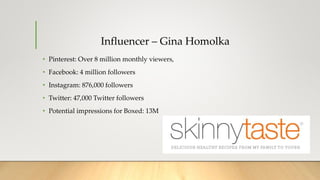 Influencer – Gina Homolka
• Pinterest: Over 8 million monthly viewers,
• Facebook: 4 million followers
• Instagram: 876,000 followers
• Twitter: 47,000 Twitter followers
• Potential impressions for Boxed: 13M
 
