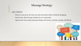 Message Strategy
• KEY POINTS
• Boxed is your go-to for easy, fun and convenient online wholesale shopping
• Boxed cares about hungry families in our community
• Spend more time doing important things with money and time savings with Boxed
 