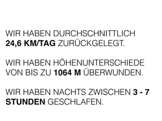 WIR HABEN DURCHSCHNITTLICH 
24,6 KM/TAG ZURÜCKGELEGT. 
! 
WIR HABEN HÖHENUNTERSCHIEDE 
VON BIS ZU 1064 M ÜBERWUNDEN. 
! 
WIR HABEN NACHTS ZWISCHEN 3 - 7 
STUNDEN GESCHLAFEN. 
 
