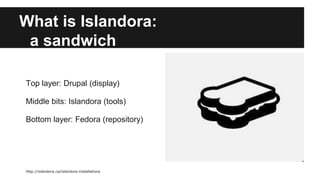 What is Islandora: 
a sandwich 
Top layer: Drupal (display) 
Middle bits: Islandora (tools) 
Bottom layer: Fedora (repository) 
http://islandora.ca/islandora-installations 
 