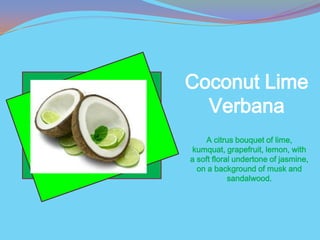 Coconut Lime
  Verbana
    A citrus bouquet of lime,
 kumquat, grapefruit, lemon, with
a soft floral undertone of jasmine,
  on a background of musk and
            sandalwood.
 