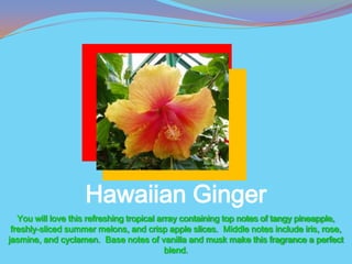 Hawaiian Ginger
   You will love this refreshing tropical array containing top notes of tangy pineapple,
 freshly-sliced summer melons, and crisp apple slices. Middle notes include iris, rose,
jasmine, and cyclamen. Base notes of vanilla and musk make this fragrance a perfect
                                            blend.
 