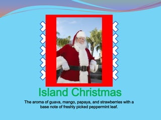 Island Christmas
The aroma of guava, mango, papaya, and strawberries with a
        base note of freshly picked peppermint leaf.
 