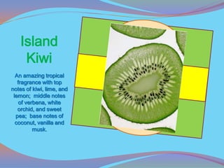 Island
    Kiwi
  An amazing tropical
   fragrance with top
notes of kiwi, lime, and
 lemon; middle notes
    of verbena, white
   orchid, and sweet
  pea; base notes of
  coconut, vanilla and
          musk.
 