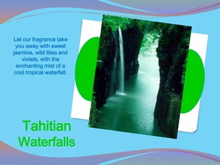 Let our fragrance take
 you away with sweet
jasmine, wild lilies and
    violets, with the
  enchanting mist of a
 cool tropical waterfall.




    Tahitian
  Waterfalls
 
