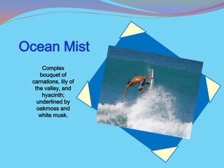 Ocean Mist
     Complex
    bouquet of
 carnations, lily of
  the valley, and
     hyacinth;
   underlined by
   oakmoss and
    white musk.
 