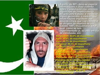 • AA ppaarrttiirr ddee 8800%% ddeevvee--ssee eessppeerraarr 
iinnttiimmiiddaaççõõeess ee jjiihhaadd vviioolleennttaa 
ssoobbrree aa ppooppuullaaççããoo nnããoo iissllââmmiiccaa,, 
aallgguumm ttiippoo ddee lliimmppeezzaa ééttnniiccaa 
ddiirriiggiiddaa ppeelloo EEssttaaddoo,, ee iinncclluussiivvee 
aallgguumm ggeennooccííddiioo,, aa mmeeddiiddaa qquuee 
eessttaass nnaaççõõeess eexxppuullssaamm aaooss 
ppoouuccooss iinnffiiééiiss qquuee vvããoo ccaaiinnddoo,, ee 
ssee ddiirriiggeemm aaoo oobbjjeettiivvoo ddee uumm 
EEssttaaddoo 110000%% mmuuççuullmmaannoo,, ttaall ee 
qquuaall ccoommoo ssee tteemm 
eexxppeerriimmeennttaaddoo jjáá,, oouu eessttaa eemm vviiaa 
ddee ccoonncclluussããoo,, eemm:: 
BBaannggllaaddeesshh:: 8833,,00%% ddee mmuuççuullmmaannooss 
EEggiittoo:: 9900,,00%% ddee mmuuççuullmmaannooss 
GGaazzaa:: 9988,,77%% ddee mmuuççuullmmaannooss 
IInnddoonnééssiiaa:: 8866,,11%% ddee mmuuççuullmmaannoo 
IIrrãã:: 9988,,00%% ddee mmuuççuullmmaannooss 
IIrraaqquuee:: 9977,,00%% ddee mmuuççuullmmaannooss 
JJoorrddâânniiaa:: 9922,,00%% ddee mmuuççuullmmaannooss 
MMaarrrrooccooss:: 9988,,77%% ddee mmuuççuullmmaannooss 
PPaaqquuiissttããoo:: 9977,,00%% ddee mmuuççuullmmaannooss 
PPaalleessttiinnaa 9999,,00%% ddee mmuuççuullmmaannooss 
SSíírriiaa:: 9900,,00%% ddee mmuuççuullmmaannooss 
TTaajjiiqquuiissttããoo:: 9900,,00%% ddee mmuuççuullmmaannooss 
TTuurrqquuiiaa:: 9999,,88%% ddee mmuuççuullmmaannooss 
EEmmiirraaddooss ÁÁrraabbeess:: 9966,,00%% ddee 
mmuuççuullmmaannooss 
 