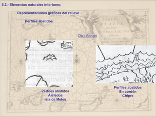 5.2.- Elementos naturales interiores:

         Representaciones gráficas del relieve

              Perfiles abatidos



                                             Da li Sonetti




                                                             Perfiles abatidos
                        Perfiles abatidos                       En cordón
                            Aislados                               Chipre
                         Isla de Melos
 