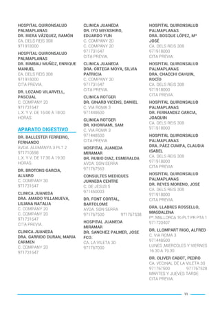 HOSPITAL QUIRONSALUD
PALMAPLANAS
DR. RIERA VÁZQUEZ, RAMÓN
CA. DELS REIS 308
971918000
HOSPITAL QUIRONSALUD
PALMAPLANAS
DR. RIMBAU MUÑOZ, ENRIQUE
MANUEL
CA. DELS REIS 308
971918000
CITA PREVIA.
DR. LOZANO VILARVELL,
PASCUAL
C. COMPANY 20
971731647
L.X. Y V. DE 16:00 A 18:00
HORAS.
APARATO DIGESTIVO
DR. BALLESTER FERREIRO,
FERNANDO
AVDA. ALEMANYA 3 PLT 2
971710598
L.X. Y V. DE 17:30 A 19:30
HORAS.
DR. BROTONS GARCIA,
ALVARO
C. COMPANY 30
971731647
CLINICA JUANEDA
DRA. AMADO VILLANUEVA,
LILIANA NATALIA
C. COMPANY 20
C. COMPANY 20
971731647
CITA PREVIA.
CLINICA JUANEDA
DRA. GARRIDO DURAN, MARIA
CARMEN
C. COMPANY 20
971731647
CLINICA JUANEDA
DR. IYO MIYASHIRO,
EDUARDO YUN
C. COMPANY 20
C. COMPANY 20
971731647
CITA PREVIA.
CLINICA JUANEDA
DRA. ORTEGA MOYA, SILVIA
PATRICIA
C. COMPANY 20
971731647
CITA PREVIA.
CLINICA ROTGER
DR. GINARD VICENS, DANIEL
C. VIA ROMA 3
971448500
CLINICA ROTGER
DR. KHORRAMI, SAM
C. VIA ROMA 3
971448500
CITA PREVIA
HOSPITAL JUANEDA
MIRAMAR
DR. RUBIO DIAZ, ESMERALDA
AVDA. SON SERRA
971767563
CONSULTES MEDIQUES
JUANEDA CENTRE
C. DE JESUS 5
971450003
DR. FONT CORTAL,
BARTOLOME
AVDA. SON SERRA
971767500 971767538
HOSPITAL JUANEDA
MIRAMAR
DR. SANCHEZ PALMER, JOSE
FCO.
CA. LA VILETA 30
971767000
HOSPITAL QUIRONSALUD
PALMAPLANAS
DRA. BOSQUE LÓPEZ, Mª
JOSÉ
CA. DELS REIS 308
971918000
CITA PREVIA.
HOSPITAL QUIRONSALUD
PALMAPLANAS
DRA. CHACCHI CAHUIN,
ROCÍO
CA. DELS REIS 308
971918000
CITA PREVIA.
HOSPITAL QUIRONSALUD
PALMAPLANAS
DR. FERNANDEZ GARCIA,
JOAQUIN
CA. DELS REIS 308
971918000
HOSPITAL QUIRONSALUD
PALMAPLANAS
DRA. PÁEZ CUMPA, CLAUDIA
ISABEL
CA. DELS REIS 308
971918000
CITA PREVIA
HOSPITAL QUIRONSALUD
PALMAPLANAS
DR. REYES MORENO, JOSE
CA. DELS REIS 308
971918000
CITA PREVIA.
DRA. LLABRES ROSSELLO,
MAGDALENA
Pº. MALLORCA 16 PLT PR PTA 1
971720407
DR. LLOMPART RIGO, ALFRED
C. VIA ROMA 3
971448500
LUNES ,MIERCOLES Y VIERNES
16.30 A 19.30
DR. OLIVER CABOT, PEDRO
CA. VECINAL DE LA VILETA 30
971767500 971767528
MARTES Y JUEVES TARDE
CITA PREVIA.
11
BALEARES BASIC_GO.qxp 8/12/15 13:32 Página 11
 