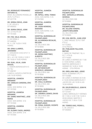 DR. RODRIGUEZ FERNANDEZ
ANTONIO SL
AVDA. ALEJANDRO ROSSELLO
29 PLT 6 PTA 3
971227778
DR. SERRA CREUS, JOAN
C. DE JESUS 5
971450003
DR. SERRA CREUS, JOAN
CA. LA VILETA 30
971767000
DR. FIOL SALA, MIGUEL
C. VIA ROMA 3
971448500
M. Y J. DE 16:30 A 19:00
HORAS.
DR. GRAU LLABRES,
JERONIMO
C. CERDANYA 5 ESC B PLT 2
971724015
DE L. A V. DE 10:00 A 13:00 Y
DE 16:00 A 19:00 HORAS.
DR. GUAL JULIA, JUAN
MIGUEL
C. RAMON BERENGUER III 5
PLT BJ
971498787
LUNES A JUEVES A PARTIR DE
LAS 16:30 HORAS.
HOSPITAL JUANEDA
MIRAMAR
DR. CANALES CARDENA, ERIC
IVAN
AVDA. SON SERRA S-N
971767000
HOSPITAL JUANEDA
MIRAMAR
DR. GAMEZ MARTINEZ, JOSE
MARIA
AVDA. SON SERRA S-N
971767000
HOSPITAL JUANEDA
MIRAMAR
DR. GLENNY FAGGI, ANDRES
AVDA. SON SERRA S-N
971767000
HOSPITAL JUANEDA
MIRAMAR
DR. RIPOLL VERA, TOMAS
AVDA. SON SERRA S-N
971767000
HOSPITAL JUANEDA
MIRAMAR
DR. USON HERRERO,
MARIANO
AVDA. SON SERRA S-N
971767000
HOSPITAL QUIRONSALUD
PALMAPLANAS
DR. ALVARENGA RECALDE,
NELSON
CA. DELS REIS 308
971918000
HOSPITAL QUIRONSALUD
PALMAPLANAS
DR. BERNA MARTINEZ,
ALBERTO
CA. DELS REIS 308
971918000
HOSPITAL QUIRONSALUD
PALMAPLANAS
DR. BETHENCOURT
GONZÁLEZ, ARMANDO
CA. DELS REIS 308
971918000
HOSPITAL QUIRONSALUD
PALMAPLANAS
DR. COLA, CLARISSA
CA. DELS REIS 308
971918000
HOSPITAL QUIRONSALUD
PALMAPLANAS
DR. CRÉMER LUENGO, DAVID
CA. DELS REIS 308
971918000
HOSPITAL QUIRONSALUD
PALMAPLANAS
DR. PERAL DISDIER, VICENTE
CA. DELS REIS 308
971918000
HOSPITAL QUIRONSALUD
PALMAPLANAS
DRA. SARQUELLA BRGADA,
GEORGIA
CA. DELS REIS 308
971918000
HOSPITAL QUIRONSALUD
PALMAPLANAS
DR. VILLENA VENERO,
JOSEPH BENJAMIN
CA. DELS REIS 308
971918000
DR. LEAL MAYOL, JUAN JOSE
C. SANT MIQUEL 52 PLT ENT
PTA IZ
971722852
CITA PREVIA.
DR. POBLADOR PALLICER,
MATIAS
C. BARO DE PINOPAR 7 BL A
PLT 1 PTA B
971714350
DE LUNES A VIERNES DE 11:00
A 14:00 HORAS. LUNES,
MARTES, MIÉRCOLES Y
VIERNES DE 16:00 A 18:00
HORAS. CITA PREVIA.
DR. ORELLANA MAS, JORGE
AVDA. ALEMANIA 3 PLT 1
971722680
DE LUNES A VIERNES DE 9:30
A 14:30 HORAS.MIÉRCOLES Y
JUEVES DE LAS 16:30 A LAS
18:30 HORAS.
DR. SOLER BRICOLLE, JOAN M.
C. COMPANY 20
971731647
LUNES, MIÉRCOLES Y VIERNES
DE 11:00 A 12:30 Y DE 16:30 A
20:00 HORAS. MARTES Y
JUEVES DE 11:00 A 12:30
HORAS.
DR. TORRES DIAZ, PEDRO L.
C. DE JESUS 5
971450003
13
BALEARES BASIC_GO.qxp 8/12/15 13:32 Página 13
 