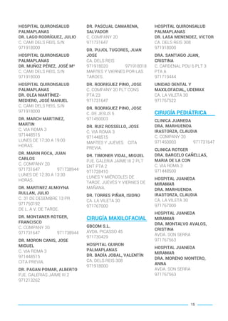 HOSPITAL QUIRONSALUD
PALMAPLANAS
DR. LAGO RODRÍGUEZ, JULIO
C. CAMI DELS REIS, S/N
971918000
HOSPITAL QUIRONSALUD
PALMAPLANAS
DR. MUÑOZ PÉREZ, JOSÉ Mª
C. CAMI DELS REIS, S/N
971918000
HOSPITAL QUIRONSALUD
PALMAPLANAS
DR. OLEA MARTÍNEZ-
MEDIERO, JOSÉ MANUEL
C. CAMI DELS REIS, S/N
971918000
DR. MARCH MARTINEZ,
MARTIN
C. VIA ROMA 3
971448515
LUNES DE 17:30 A 19:00
HORAS.
DR. MARIN ROCA, JUAN
CARLOS
C. COMPANY 20
971731647 971738944
LUNES DE 12:30 A 13:30
HORAS.
DR. MARTINEZ ALMOYNA
RULLAN, JULIO
C. 31 DE DESEMBRE 13 PR
971750192
DE L. A V. DE TARDE.
DR. MONTANER ROTGER,
FRANCISCO
C. COMPANY 20
971731647 971738944
DR. MORON CANIS, JOSE
MIGUEL
C. VIA ROMA 3
971448515
CITA PREVIA.
DR. PAGAN POMAR, ALBERTO
PJE. GALERIAS JAIME III 2
971213262
DR. PASCUAL CAMARENA,
SALVADOR
C. COMPANY 20
971731647
DR. PUJOL TUGORES, JUAN
JOSE
CA. DELS REIS
971918020 971918018
MARTES Y VIERNES POR LAS
TARDES.
DR. RODRIGUEZ PINO, JOSE
C. COMPANY 20 PLT CONS
PTA 23
971731647
DR. RODRIGUEZ PINO, JOSE
C. DE JESUS 5
971450003
DR. RUIZ ROSSELLO, JOSE
C. VIA ROMA 3
971448515
MARTES Y JUEVES. CITA
PREVIA.
DR. TIMONER VIDAL, MIGUEL
PJE. GALERIA JAIME III 2 PLT
ENT PTA 2
971728410
LUNES Y MIÉRCOLES DE
TARDE. JUEVES Y VIERNES DE
MAÑANA.
DR. TORRES PIÑAR, ISIDRO
CA. LA VILETA 30
971767000
CIRUGÍA MAXILOFACIAL
GBCOM S.L.
AVDA. PICASSO 45
971730429
HOSPITAL QUIRON
PALMAPLANAS
DR. BADÍA JOBAL, VALENTÍN
CA. DELS REIS 308
971918000
HOSPITAL QUIRONSALUD
PALMAPLANAS
DR. LASA MENENDEZ, VICTOR
CA. DELS REIS 308
971918000
DRA. SANTIAGO JUAN,
CRISTINA
C. CARDENAL POU 6 PLT 3
PTA A
971719444
UNIDAD DENTAL Y
MAXILOFACIAL, UDEMAX
CA. LA VILETA 30
971767522
CIRUGÍA PEDIÁTRICA
CLINICA JUANEDA
DRA. MARHUENDA
IRASTORZA, CLAUDIA
C. COMPANY 20
971450003 971731647
CLINICA ROTGER
DRA. BARCELO CAÑELLAS,
MARIA DE LA CON
C. VIA ROMA 3
971448500
HOSPITAL JUANEDA
MIRAMAR
DRA. MARHUENDA
IRASTORZA, CLAUDIA
CA. LA VILETA 30
971767000
HOSPITAL JUANEDA
MIRAMAR
DRA. MONTALVO AVALOS,
CRISTINA
AVDA. SON SERRA
971767563
HOSPITAL JUANEDA
MIRAMAR
DRA. MORENO MONTERO,
ANNA
AVDA. SON SERRA
971767563
15
BALEARES BASIC_GO.qxp 8/12/15 13:32 Página 15
 
