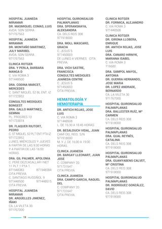HOSPITAL JUANEDA
MIRAMAR
DR. MASMIQUEL COMAS, LUIS
AVDA. SON SERRA
971767563
HOSPITAL JUANEDA
MIRAMAR
DR. MONTAÑO MARTINEZ,
JULY MARIBEL
AVDA. SON SERRA
971767563
CLINICA ROTGER
DRA. Y PERLA, BARBARA
MANGA D
C. VIA ROMA 3
971448500
DRA. CODINA MARCET,
MERCEDES
C. SANT MIQUEL 52 BL ENT. IZ
971722852
CONSULTES MEDIQUES
BONGEST
DRA. GALLO MARTINEZ,
GEMMA
PL. PROGRES 10
971733874
DR. FLAQUER RIUTORT,
PEDRO
C. ST MIQUEL 52 PLT ENT PTA IZ
971722852
LUNES, MIÉRCOLES Y JUEVES
A PARTIR DE LAS 9:30 HORAS
Y A PARTIR DE LAS 16:00
HORAS.
DRA. GIL PALMER, APOLONIA
C. PERE DEZCACALLAR I NET
11 PLT 1 PTA 1
871948383 871948384
CITA PREVIA.
C. SANTIAGO RUSSIÑOL 9
971448500 971448515
CITA PREVIA.
HOSPITAL JUANEDA
MIRAMAR
DR. ARGÜELLES JIMENEZ,
IÑAKI
CA. LA VILETA 30
971767000
HOSPITAL QUIRONSALUD
PALMAPLANAS
DRA. SPERANSKAYA,
ALEKSANDRA
CA. DELS REIS 308
971918000
DRA. MOLL MASCARO,
GRACIA
C. JESUS 5
971450003
DE LUNES A VIERNES CITA
PREVIA.
DRA. VICH SASTRE,
FRANCISCA
CONSULTES MEDIQUES
JUANEDA CENTRE
C. JESUS 5
971450003
CITA PREVIA.
HEMATOLOGÍA Y
HEMOTERAPIA
DR. ANTICH ROJAS, JOSE
LUIS
C. VIA ROMA 3
971448508
L. DE 16:30 A 18:45 HORAS.
DR. BESALDUCH VIDAL, JUAN
CAMÍ DEL REIS S/N
971918000
M. Y J. DE 16:00 A 19:00
HORAS.
CLINICA JUANEDA
DR. BARGAY LLEONART, JUAN
JOSE
C. COMPANY 20
971731647
CITA PREVIA.
CLINICA JUANEDA
DRA. CAMPO GARCIA, RAQUEL
DEL
C. COMPANY 20
971731647
CITA PREVIA.
CLINICA ROTGER
DR. FORMICA, ALEJANDRO
C. VIA ROMA 3
971448508
CLINICA ROTGER
DR. GIRONA LLOBERA,
ENRIQUE
DR. ANTICH ROJAS, JOSE
LUIS
DRA. CANARO HIRNYK,
MARIANA ISABEL
C. VIA ROMA 3
716600
DRA. SAMPOL MAYOL,
ANTONIA
DR. GUERRA HERNANDO,
JOSE MARIA
DR. LOPEZ ANDRADE,
BERNARDO
CA. LA VILETA 30
971767000
HOSPITAL QUIRONSALUD
PALMAPLANAS
DRA. BALLESTER RUÍZ, Mª
CARMEN
CA. DELS REIS 308
971918000
HOSPITAL QUIRONSALUD
PALMAPLANAS
DRA. GUAL REYNÉS,
CATALINA
CA. DELS REIS 308
971918000
HOSPITAL QUIRONSALUD
PALMAPLANAS
DRA. GUANYABENS CALVET,
Mª CRISTINA
CA. DELS REIS 308
971918000
HOSPITAL QUIRONSALUD
PALMAPLANAS
DR. RODRÍGUEZ GONZÁLEZ,
DAVID
CA. DELS REIS 308
971918000
18
BALEARES BASIC_GO.qxp 8/12/15 13:32 Página 18
 