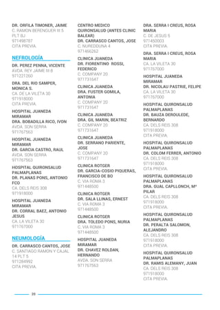 DR. ORFILA TIMONER, JAIME
C. RAMON BERENGUER III 5
PLT BJ
971498787
CITA PREVIA.
NEFROLOGÍA
DR. PEREZ PENNA, VICENTE
AVDA. REY JAIME III 8
971221260
DRA. DEL RIO SAMPER,
MONICA S.
CA. DE LA VILETA 30
971918000
CITA PREVIA.
HOSPITAL JUANEDA
MIRAMAR
DRA. BOBADILLA RICO, IVON
AVDA. SON SERRA
971767563
HOSPITAL JUANEDA
MIRAMAR
DR. GARCIA CASTRO, RAUL
AVDA. SON SERRA
971767563
HOSPITAL QUIRONSALUD
PALMAPLANAS
DR. PLANAS PONS, ANTONIO
FCO
CA. DELS REIS 308
971918000
HOSPITAL JUANEDA
MIRAMAR
DR. CORRAL BAEZ, ANTONIO
JESUS
CA. LA VILETA 30
971767000
NEUMOLOGÍA
DR. CARRASCO CANTOS, JOSE
C. SANTIAGO RAMON Y CAJAL
14 PLT 5
971284992
CITA PREVIA.
CENTRO MEDICO
QUIRONSALUD (ANTES CLINIC
BALEAR)
DR. CARRASCO CANTOS, JOSE
C. NUREDDUNA 4
971466262
CLINICA JUANEDA
DR. FIORENTINO ROSSI,
FEDERICO
C. COMPANY 20
971731647
CLINICA JUANEDA
DRA. FUSTER GOMILA,
ANTONIA
C. COMPANY 20
971731647
CLINICA JUANEDA
DRA. GIL MARIN, BEATRIZ
C. COMPANY 20
971731647
CLINICA JUANEDA
DR. SERRANO PARIENTE,
JOSE
C. COMPANY 20
971731647
CLINICA ROTGER
DR. GARCIA-COSIO PIQUERAS,
FRANCISCO DE BO
C. VIA ROMA 3
971448500
CLINICA ROTGER
DR. SALA LLINAS, ERNEST
C. VIA ROMA 3
971448500
CLINICA ROTGER
DRA. TOLEDO PONS, NURIA
C. VIA ROMA 3
971448500
HOSPITAL JUANEDA
MIRAMAR
DR. CHAVEZ ROLDAN,
HERNANDO
AVDA. SON SERRA
971767563
DRA. SERRA I CREUS, ROSA
MARIA
C. DE JESUS 5
971450003
CITA PREVIA.
DRA. SERRA I CREUS, ROSA
MARIA
CA. LA VILETA 30
971767000
HOSPITAL JUANEDA
MIRAMAR
DR. NICOLAU PASTRIE, FELIPE
CA. LA VILETA 30
971767000
HOSPITAL QUIRONSALUD
PALMAPLANAS
DR. BAUZA DEROULEDE,
BERNARDO
CA. DELS REIS 308
971918000
CITA PREVIA.
HOSPITAL QUIRONSALUD
PALMAPLANAS
DR. COLOM FERRER, ANTONIO
CA. DELS REIS 308
971918000
CITA PREVIA.
HOSPITAL QUIRONSALUD
PALMAPLANAS
DRA. GUAL CAPLLONCH, Mª
PILAR
CA. DELS REIS 308
971918000
CITA PREVIA.
HOSPITAL QUIRONSALUD
PALMAPLANAS
DR. PERALTA SALOMON,
ALEJANDRO
CA. DELS REIS 308
971918000
CITA PREVIA.
HOSPITAL QUIRONSALUD
PALMAPLANAS
DR. RAMIS ALEMANY, JUAN
CA. DELS REIS 308
971918000
CITA PREVIA.
20
BALEARES BASIC_GO.qxp 8/12/15 13:32 Página 20
 