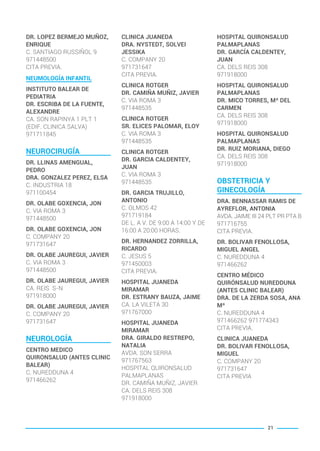 DR. LOPEZ BERMEJO MUÑOZ,
ENRIQUE
C. SANTIAGO RUSSIÑOL 9
971448500
CITA PREVIA.
NEUMOLOGÍA INFANTIL
INSTITUTO BALEAR DE
PEDIATRIA
DR. ESCRIBA DE LA FUENTE,
ALEXANDRE
CA. SON RAPINYA 1 PLT 1
(EDIF. CLINICA SALVA)
971711845
NEUROCIRUGÍA
DR. LLINAS AMENGUAL,
PEDRO
DRA. GONZALEZ PEREZ, ELSA
C. INDUSTRIA 18
971100454
DR. OLABE GOXENCIA, JON
C. VIA ROMA 3
971448500
DR. OLABE GOXENCIA, JON
C. COMPANY 20
971731647
DR. OLABE JAUREGUI, JAVIER
C. VIA ROMA 3
971448500
DR. OLABE JAUREGUI, JAVIER
CA. REIS S-N
971918000
DR. OLABE JAUREGUI, JAVIER
C. COMPANY 20
971731647
NEUROLOGÍA
CENTRO MEDICO
QUIRONSALUD (ANTES CLINIC
BALEAR)
C. NUREDDUNA 4
971466262
CLINICA JUANEDA
DRA. NYSTEDT, SOLVEI
JESSIKA
C. COMPANY 20
971731647
CITA PREVIA.
CLINICA ROTGER
DR. CAMIÑA MUÑIZ, JAVIER
C. VIA ROMA 3
971448535
CLINICA ROTGER
SR. ELICES PALOMAR, ELOY
C. VIA ROMA 3
971448535
CLINICA ROTGER
DR. GARCIA CALDENTEY,
JUAN
C. VIA ROMA 3
971448535
DR. GARCIA TRUJILLO,
ANTONIO
C. OLMOS 42
971719184
DE L. A V. DE 9:00 A 14:00 Y DE
16:00 A 20:00 HORAS.
DR. HERNANDEZ ZORRILLA,
RICARDO
C. JESUS 5
971450003
CITA PREVIA.
HOSPITAL JUANEDA
MIRAMAR
DR. ESTRANY BAUZA, JAIME
CA. LA VILETA 30
971767000
HOSPITAL JUANEDA
MIRAMAR
DRA. GIRALDO RESTREPO,
NATALIA
AVDA. SON SERRA
971767563
HOSPITAL QUIRONSALUD
PALMAPLANAS
DR. CAMIÑA MUÑIZ, JAVIER
CA. DELS REIS 308
971918000
HOSPITAL QUIRONSALUD
PALMAPLANAS
DR. GARCÍA CALDENTEY,
JUAN
CA. DELS REIS 308
971918000
HOSPITAL QUIRONSALUD
PALMAPLANAS
DR. MICO TORRES, Mª DEL
CARMEN
CA. DELS REIS 308
971918000
HOSPITAL QUIRONSALUD
PALMAPLANAS
DR. RUIZ MORIANA, DIEGO
CA. DELS REIS 308
971918000
OBSTETRICIA Y
GINECOLOGÍA
DRA. BENNASSAR RAMIS DE
AYREFLOR, ANTONIA
AVDA. JAIME III 24 PLT PR PTA B
971716755
CITA PREVIA.
DR. BOLIVAR FENOLLOSA,
MIGUEL ANGEL
C. NUREDDUNA 4
971466262
CENTRO MÉDICO
QUIRÓNSALUD NUREDDUNA
(ANTES CLINIC BALEAR)
DRA. DE LA ZERDA SOSA, ANA
Mª
C. NUREDDUNA 4
971466262 971774343
CITA PREVIA.
CLINICA JUANEDA
DR. BOLIVAR FENOLLOSA,
MIGUEL
C. COMPANY 20
971731647
CITA PREVIA
21
BALEARES BASIC_GO.qxp 8/12/15 13:32 Página 21
 