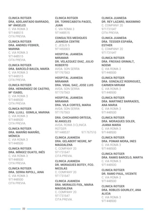 CLINICA ROTGER
DRA. ADELANTADO BARRADO,
Mª ÁNGELES
C. VIA ROMA 3
971448515
CITA PREVIA.
CLINICA ROTGER
DRA. ANDREU FEBRER,
MARINA
C. VIA ROMA 3
971448515
CITA PREVIA.
CLINICA ROTGER
DRA. BARCELÓ BAUZA, MARÍA
C. VIA ROMA 3
971448515
CITA PREVIA.
CLINICA ROTGER
DRA. HERNÁNDEZ DE CASTRO,
Mª ISABEL
C. VIA ROMA 3
971448500
CITA PREVIA
CLINICA ROTGER
DRA. LLULL GOMILA, MARINA
C. VIA ROMA 3
971448500
CITA PREVIA.
CLINICA ROTGER
DRA. MARIÑO MARIÑO,
MÓNICA
C. VIA ROMA 3
971448500
CLINICA ROTGER
DRA. MÍNGEZ DUATO, INÉS
C. VIA ROMA 3
971448500
CITA PREVIA.
CLINICA ROTGER
DRA. SERRA RIPOLL, AINA
C. VIA ROMA 3
971448500
CITA PREVIA.
CLINICA ROTGER
DR. TORRECABOTA PAGES,
JUAN
C. VIA ROMA 3
971448515
CONSULTES MEDIQUES
JUANEDA CENTRE
C. JESUS 5
971450003
HOSPITAL JUANEDA
MIRAMAR
DR. VELAZQUEZ DIAZ, JULIO
ROBERTO
AVDA. SON SERRA
971767563
HOSPITAL JUANEDA
MIRAMAR
DRA. VIDAL SAIZ, JOSE LUIS
AVDA. SON SERRA
971767563
HOSPITAL JUANEDA
MIRAMAR
DRA. VILA CORTES, MARIA
AVDA. SON SERRA
971767563
DRA. CHICHARRO ORTEGA,
M.ANGELES
AVDA. ROMA 3 CLINICA
ROTGER
971448537 971767510
CLINICA JUANEDA
DRA. GELABERT NEGRE, Mª
MAGDALENA
C. COMPANY 20
971731647
CITA PREVIA.
CLINICA JUANEDA
DR. MORAGUES BOTEY, FCO.
NICOLAS
C. COMPANY 20
971731647
CLINICA JUANEDA
DRA. MORALES FIOL, MARIA
MAGDALENA
C. COMPANY 20
971731647
CITA PREVIA.
CLINICA JUANEDA
DR. REY LAZARO, MAXIMINO
C. COMPANY 20
971731647
CITA PREVIA.
CLINICA JUANEDA
DRA. TESSIER ESPAÑA,
ESTHER
C. COMPANY 20
971731647
CLINICA ROTGER
DRA. FREIXAS GRIMALT,
NOEMI
C. VIA ROMA 3
971448500
CLINICA ROTGER
DRA. GONZALEZ RODRIGUEZ,
CARMEN MIRIAM
C. VIA ROMA 3
971448500
CLINICA ROTGER
DRA. MARTINEZ BARRADES,
ANA MARIA
C. VIA ROMA 3
971448500
CLINICA ROTGER
DRA. MORAGUES SOLER,
JUANA MARIA
C. VIA ROMA 3
971448500
CLINICA ROTGER
DRA. POMAR MORA, INES
C. VIA ROMA 3
971448500
CLINICA ROTGER
DRA. RAMIS BARCELO, MARTA
C. VIA ROMA 3
971448500
CLINICA ROTGER
DR. RAMO PAUL, VICENTE
C. VIA ROMA 3
971448500
CLINICA ROTGER
DRA. ROBLES GOURLEY, ANA
ALICIA
C. VIA ROMA 3
971448500
22
BALEARES BASIC_GO.qxp 8/12/15 13:32 Página 22
 