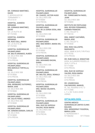 DR. CORNAGO MARTINEZ,
DAVID
C. BERENGUER DE
TORNAMIRA 11
971213131
HOSPITAL JUANEDA
MIRAMAR
DR. CORNAGO MARTINEZ,
DAVID
CA. LA VILETA 30
971767000
HOSPITAL JUANEDA
MIRAMAR
DR. RUIZ COLL, MARIO
CA. LA VILETA 30
971767000
HOSPITAL QUIRONSALUD
PALMAPLANAS
DR. BALTÀ ARANDES, RUBÉN
CA. DELS REIS 308
971918000
CITA PREVIA.
HOSPITAL QUIRONSALUD
PALMAPLANAS
DRA BARCELÓ TORTELLA,
ROSA
CA. DELS REIS 308
971918000
CITA PREVIA.
HOSPITAL QUIRONSALUD
PALMAPLANAS
DRA. BERMUDEZ GUTIERREZ,
MARIA JOSE
CA. DELS REIS 308
971918008
HOSPITAL QUIRONSALUD
PALMAPLANAS
DR. CALVO PEREZ, ANDRES
CA. DELS REIS 308
971918008
HOSPITAL QUIRONSALUD
PALMAPLANAS
DR. CERDAN DARDER, CARLOS
CA. DELS REIS
971918008
CITA PREVIA.
HOSPITAL QUIRONSALUD
PALMAPLANAS
DR. CHAVEZ, VICTOR HUGO
CA. DELS REIS 308
971918000
CITA PREVIA.
HOSPITAL QUIRONSALUD
PALMAPLANAS
DRA. DE LA ZERDA SOSA, ANA
MARIA
CA. DELS REIS 308
971918008
HOSPITAL QUIRONSALUD
PALMAPLANAS
DRA. MAS MOREY, MARIA DEL
MAR
CA. DELS REIS 308
971918000
CITA PREVIA.
HOSPITAL QUIRONSALUD
PALMAPLANAS
DRA. MOHAMED BAZAN,
DUNIA
CA. DELS REIS 308
971918008
HOSPITAL QUIRONSALUD
PALMAPLANAS
DR. NOLTZE, EROLL RONALD
CA. DELS REIS 308
971918000
CITA PREVIA.
HOSPITAL QUIRONSALUD
PALMAPLANAS
DRA. NOVAS VALIENTE,
ELENA
CA. DELS REIS 308
971918000
CITA PREVIA.
HOSPITAL QUIRONSALUD
PALMAPLANAS
DRA. RUIZ DE GOPEGUI
VALERO, ROSA MARIA
CA. DELS REIS 308
971918000
CITA PREVIA.
HOSPITAL QUIRONSALUD
PALMAPLANAS
DR. TORRECABOTA PAGES,
JUAN
CA. DELS REIS 308
971918000
INSTITUTO DE FERTILIDAD
DRA. REYERO FERNANDEZ,
CARMEN FRANCISC
C. DEL CALÇAT 6
971780720
DRA. GIBERT CASTAÑER,
MARIA JOSE
C. DEL CALÇAT 6
971419930
DRA. ROIG VALLESPIR,
MARGARITA
AVDA. JAIME III 24 PLT PR PTA B
971716755
CITA PREVIA.
DR. RUBI GUELLS, SEBASTIAN
AVDA. ALEJANDRO ROSSELLO
29 PLT 5 PTA 4
971714360
CITA PREVIA.
DRA. RUIZ DE GOPEGUI
VALERO, ROSA MARIA
CA. DELS REIS 308
971918000
CITA PREVIA.
DR. USANDIZAGA
CALPARSORO, MANUEL
PL. DEL ROSARIO 5 PLT 3
971712999
L. Y J. DE 16:30 A 20:00
HORAS.
OFTALMOLOGÍA
CENTRO MEDICO
QUIRONSALUD (ANTES CLINIC
BALEAR)
DRA. MONSERRAT FIGUEROA,
MARIA LUISA
C. NUREDDUNA 4
971466262 971774343
23
BALEARES BASIC_GO.qxp 8/12/15 13:32 Página 23
 