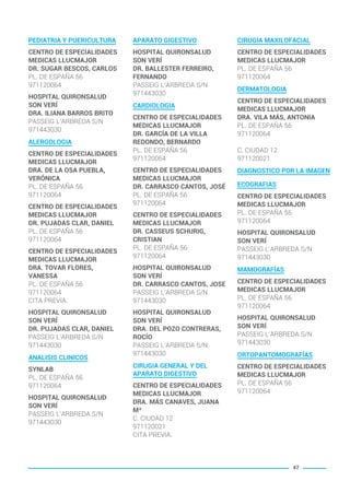 PEDIATRIA Y PUERICULTURA
CENTRO DE ESPECIALIDADES
MEDICAS LLUCMAJOR
DR. SUGAR BESCOS, CARLOS
PL. DE ESPAÑA 56
971120064
HOSPITAL QUIRONSALUD
SON VERÍ
DRA. ILIANA BARROS BRITO
PASSEIG L’ARBREDA S/N
971443030
ALERGOLOGIA
CENTRO DE ESPECIALIDADES
MEDICAS LLUCMAJOR
DRA. DE LA OSA PUEBLA,
VERÓNICA
PL. DE ESPAÑA 56
971120064
CENTRO DE ESPECIALIDADES
MEDICAS LLUCMAJOR
DR. PUJADAS CLAR, DANIEL
PL. DE ESPAÑA 56
971120064
CENTRO DE ESPECIALIDADES
MEDICAS LLUCMAJOR
DRA. TOVAR FLORES,
VANESSA
PL. DE ESPAÑA 56
971120064
CITA PREVIA.
HOSPITAL QUIRONSALUD
SON VERÍ
DR. PUJADAS CLAR, DANIEL
PASSEIG L’ARBREDA S/N
971443030
ANALISIS CLINICOS
SYNLAB
PL. DE ESPAÑA 56
971120064
HOSPITAL QUIRONSALUD
SON VERÍ
PASSEIG L’ARBREDA S/N
971443030
APARATO GIGESTIVO
HOSPITAL QUIRONSALUD
SON VERÍ
DR. BALLESTER FERREIRO,
FERNANDO
PASSEIG L’ARBREDA S/N
971443030
CARDIOLOGIA
CENTRO DE ESPECIALIDADES
MEDICAS LLUCMAJOR
DR. GARCÍA DE LA VILLA
REDONDO, BERNARDO
PL. DE ESPAÑA 56
971120064
CENTRO DE ESPECIALIDADES
MEDICAS LLUCMAJOR
DR. CARRASCO CANTOS, JOSÉ
PL. DE ESPAÑA 56
971120064
CENTRO DE ESPECIALIDADES
MEDICAS LLUCMAJOR
DR. CASSEUS SCHURIG,
CRISTIAN
PL. DE ESPAÑA 56
971120064
HOSPITAL QUIRONSALUD
SON VERÍ
DR. CARRASCO CANTOS, JOSE
PASSEIG L’ARBREDA S/N
971443030
HOSPITAL QUIRONSALUD
SON VERÍ
DRA. DEL POZO CONTRERAS,
ROCÍO
PASSEIG L’ARBREDA S/N
971443030
CIRUGIA GENERAL Y DEL
APARATO DIGESTIVO
CENTRO DE ESPECIALIDADES
MEDICAS LLUCMAJOR
DRA. MÁS CANAVES, JUANA
Mª
C. CIUDAD 12
971120021
CITA PREVIA.
CIRUGIA MAXILOFACIAL
CENTRO DE ESPECIALIDADES
MEDICAS LLUCMAJOR
PL. DE ESPAÑA 56
971120064
DERMATOLOGIA
CENTRO DE ESPECIALIDADES
MEDICAS LLUCMAJOR
DRA. VILA MÁS, ANTONIA
PL. DE ESPAÑA 56
971120064
C. CIUDAD 12
971120021
DIAGNOSTICO POR LA IMAGEN
ECOGRAFIAS
CENTRO DE ESPECIALIDADES
MEDICAS LLUCMAJOR
PL. DE ESPAÑA 56
971120064
HOSPITAL QUIRONSALUD
SON VERÍ
PASSEIG L’ARBREDA S/N
971443030
MAMOGRAFÍAS
CENTRO DE ESPECIALIDADES
MEDICAS LLUCMAJOR
PL. DE ESPAÑA 56
971120064
HOSPITAL QUIRONSALUD
SON VERÍ
PASSEIG L’ARBREDA S/N
971443030
ORTOPANTOMOGRAFÍAS
CENTRO DE ESPECIALIDADES
MEDICAS LLUCMAJOR
PL. DE ESPAÑA 56
971120064
47
BALEARES BASIC_GO.qxp 8/12/15 13:32 Página 47
 