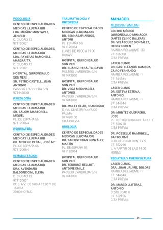PODOLOGÍA
CENTRO DE ESPECIALIDADES
MEDICAS LLUCMAJOR
LDA. MUÑOZ MONTAVEZ,
JENIFER
C. CIUDAD 12
971120021
CENTRO DE ESPECIALIDADES
MEDICAS LLUCMAJOR
LDA. PAYERAS RAMONELL,
MARGARITA
C. CIUDAD 12
971120021
HOSPITAL QUIRONSALUD
SON VERÍ
SR. PETRO CASTELL, JUAN
ANTONIO
PASSEIG L’ARBREDA S/N
971443030
PSICOLOGÍA
CENTRO DE ESPECIALIDADES
MEDICAS LLUCMAJOR
SR. SALOM MARTORELL,
MIQUEL
PL. DE ESPAÑA 56
971120064
PSIQUIATRÍA
CENTRO DE ESPECIALIDADES
MEDICAS LLUCMAJOR
DR. MISIEGO PERAL, JOSÉ Mª
PL. DE ESPAÑA 56
971120064
REHABILITACION
CENTRO DE ESPECIALIDADES
MEDICAS LLUCMAJOR
DRA. AVENDAÑO
BALDONCCINI, ELENA
C. CIUDAD 12
971120021
DE L. A V. DE 9:00 A 13:00 Y DE
16:00 A
20:00 HORAS.
TRAUMATOLOGIA Y
ORTOPEDIA
CENTRO DE ESPECIALIDADES
MEDICAS LLUCMAJOR
DR. BENNASAR ARBOS,
ANTONI
PL. ESPAÑA 56
971120064
LUNES DE 15:00 A 19:00
HORAS.
HOSPITAL QUIRONSALUD
SON VERÍ
DR. SUAREZ PERALTA, DAVID
PASSEIG L’ARBREDA S/N
971443030
HOSPITAL QUIRONSALUD
SON VERÍ
DR. VEGA MEDINACELI,
ANTONIO
PASSEIG L’ARBREDA S/N
971443030
DR. MULET CLAR, FRANCISCO
C. RIU CENTER PLAYA DE
PALMA
971490100
CITA PREVIA.
UROLOGIA
CENTRO DE ESPECIALIDADES
MEDICAS LLUCMAJOR
DR. SANTISTEBAN GONZÁLEZ,
MARTÍN
PL. DE ESPAÑA 56
971120064
HOSPITAL QUIRONSALUD
SON VERÍ
DR. TEUROUZ BELLIOT,
ANTOINE EMILE
PASSEIG L’ARBREDA S/N
971443030
MANACOR
MEDICINA FAMILIAR
CENTRO MÉDICO
QUIRÓNSALUD MANACOR
(ANTES CLINIC BALEAR)
DR. VELÁSQUEZ GONZÁLEZ,
HENRY OSBEN
RAMBLA REI JAUME I 33
971556000
CITA PREVIA.
LASER CLINIC
DR. CASTELLANOS GAMBOA,
CAIRO FERNANDO
RAMBLA REI JAUME I 1
971844844
CITA PREVIA.
LASER CLINIC
DR. ESTEVA ESTEVA,
ANTONIO
RAMBLA REI JAUME I 1
971844844
CITA PREVIA.
DR. MONTES GUERRERO,
JOSE
PL. RECTOR RUBI 4 BL A PLT 1
971550210
CITA PREVIA.
DR. ROSSELLÓ RAMONELL,
BARTOLOMÉ
C. RECTOR CALDENTEY 5
971552296
L. A PARTIR DE LAS 14:00
HORAS.
PEDIATRIA Y PUERICULTURA
LASER CLINIC.
DRA. JUAN JAUME, DOLORS
RAMBLA REI JAUME I 1
971844844
CITA PREVIA.
DR. MARCO LLITERAS,
ANTONIO
C. SOLEDAD 8
971552156
CITA PREVIA.
49
BALEARES BASIC_GO.qxp 8/12/15 13:32 Página 49
 