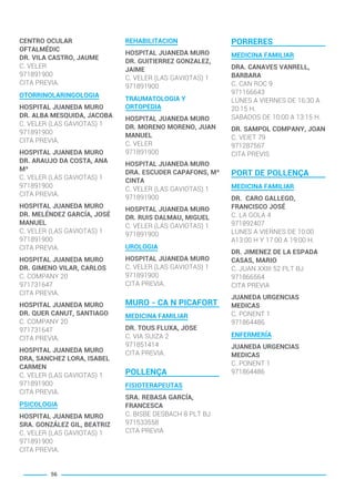 CENTRO OCULAR
OFTALMÉDIC
DR. VILA CASTRO, JAUME
C. VELER
971891900
CITA PREVIA.
OTORRINOLARINGOLOGIA
HOSPITAL JUANEDA MURO
DR. ALBA MESQUIDA, JACOBA
C. VELER (LAS GAVIOTAS) 1
971891900
CITA PREVIA.
HOSPITAL JUANEDA MURO
DR. ARAUJO DA COSTA, ANA
Mª
C. VELER (LAS GAVIOTAS) 1
971891900
CITA PREVIA.
HOSPITAL JUANEDA MURO
DR. MELÉNDEZ GARCÍA, JOSÉ
MANUEL
C. VELER (LAS GAVIOTAS) 1
971891900
CITA PREVIA.
HOSPITAL JUANEDA MURO
DR. GIMENO VILAR, CARLOS
C. COMPANY 20
971731647
CITA PREVIA.
HOSPITAL JUANEDA MURO
DR. QUER CANUT, SANTIAGO
C. COMPANY 20
971731647
CITA PREVIA.
HOSPITAL JUANEDA MURO
DRA, SANCHEZ LORA, ISABEL
CARMEN
C. VELER (LAS GAVIOTAS) 1
971891900
CITA PREVIA.
PSICOLOGIA
HOSPITAL JUANEDA MURO
SRA. GONZÁLEZ GIL, BEATRIZ
C. VELER (LAS GAVIOTAS) 1
971891900
CITA PREVIA.
REHABILITACION
HOSPITAL JUANEDA MURO
DR. GUITIERREZ GONZALEZ,
JAIME
C. VELER (LAS GAVIOTAS) 1
971891900
TRAUMATOLOGIA Y
ORTOPEDIA
HOSPITAL JUANEDA MURO
DR. MORENO MORENO, JUAN
MANUEL
C. VELER
971891900
HOSPITAL JUANEDA MURO
DRA. ESCUDER CAPAFONS, Mª
CINTA
C. VELER (LAS GAVIOTAS) 1
971891900
HOSPITAL JUANEDA MURO
DR. RUIS DALMAU, MIGUEL
C. VELER (LAS GAVIOTAS) 1
971891900
UROLOGIA
HOSPITAL JUANEDA MURO
C. VELER (LAS GAVIOTAS) 1
971891900
CITA PREVIA.
MURO - CA N PICAFORT
MEDICINA FAMILIAR
DR. TOUS FLUXA, JOSE
C. VIA SUIZA 2
971851414
CITA PREVIA.
POLLENÇA
FISIOTERAPEUTAS
SRA. REBASA GARCÍA,
FRANCESCA
C. BISBE DESBACH 8 PLT BJ
971533558
CITA PREVIA
PORRERES
MEDICINA FAMILIAR
DRA. CANAVES VANRELL,
BARBARA
C. CAN ROC 9
971166643
LUNES A VIERNES DE 16:30 A
20:15 H.
SABADOS DE 10:00 A 13:15 H.
DR. SAMPOL COMPANY, JOAN
C. VEIET 79
971287567
CITA PREVIS
PORT DE POLLENÇA
MEDICINA FAMILIAR
DR. CARO GALLEGO,
FRANCISCO JOSÉ
C. LA GOLA 4
971892407
LUNES A VIERNES DE 10:00
A13:00 H Y 17:00 A 19:00 H.
DR. JIMENEZ DE LA ESPADA
CASAS, MARIO
C. JUAN XXIII 52 PLT BJ
971866564
CITA PREVIA
JUANEDA URGENCIAS
MEDICAS
C. PONENT 1
971864486
ENFERMERÍA
JUANEDA URGENCIAS
MEDICAS
C. PONENT 1
971864486
56
BALEARES BASIC_GO.qxp 8/12/15 13:32 Página 56
 