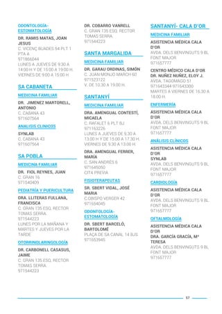 ODONTOLOGÍA-
ESTOMATOLOGÍA
DR. RAMIS MATAS, JOAN
JESUS
C. VICENÇ BUADES 54 PLT 1
PTA A
971866044
LUNES A JUEVES DE 9:30 A
14:00 H Y DE 15:00 A 19:00 H.
VIERNES DE 9:00 A 15:00 H
SA CABANETA
MEDICINA FAMILIAR
DR. JIMENEZ MARTORELL,
ANTONIO
C. CABANA 43
971607564
ANALISIS CLINICOS
SYNLAB
C. CABANA 43
971607564
SA POBLA
MEDICINA FAMILIAR
DR. FIOL REYNES, JUAN
C. GRAN 16
971540409
PEDIATRÍA Y PUERICULTURA
DRA. LLITERAS FULLANA,
FRANCISCA
C. GRAN 135 ESQ. RECTOR
TOMAS SERRA.
971544223
LUNES POR LA MAÑANA Y
MARTES Y JUEVES POR LA
TARDE
OTORRINOLARINGOLOGÍA
DR. CARBONELL CASASUS,
JAIME
C. GRAN 135 ESQ. RECTOR
TOMAS SERRA.
971544223
DR. COBARRO VANRELL
C. GRAN 135 ESQ. RECTOR
TOMAS SERRA.
971544223
SANTA MARGALIDA
MEDICINA FAMILIAR
DR. GARAU ORDINAS, SIMÓN
C. JUAN MONJO MARCH 60
971523122
V. DE 10.30 A 19.00 H.
SANTANYÍ
MEDICINA FAMILIAR
DRA. AMENGUAL CONTESTÍ,
MICAELA
C. RAFALET 6 PLT BJ
971163226
LUNES A JUEVES DE 9.30 A
13.00 H Y DE 15.00 A 17.30 H.
VIERNES DE 9.30 A 13.00 H.
DRA. AMENGUAL FERRER,
MARÍA
C. SAN ANDRÉS 6
971645050
CITA PREVIA
FISIOTERAPEUTAS
SR. SBERT VIDAL, JOSÉ
MARIA
C.OBISPO VERGER 42
971654045
ODONTOLOGÍA-
ESTOMATOLOGÍA
DR. SBERT BARCELÓ,
BARTOLOMÉ
PLAÇA DE SA CANAL 14 BJS
971653945
SANTANYÍ- CALA D’OR
MEDICINA FAMILIAR
ASISTENCIA MÉDICA CALA
D’OR
AVDA. DELS BENVINGUTS 9 BL
FONT MAJOR
971657777
CENTRO MÉDICO CALA D’OR
DR. NUÑEZ NUÑEZ, ELOY J.
AVDA. TAGOMAGO 51
971643344 971643300
MARTES A VIERNES DE 16.30 A
18.00 H.
ENFERMERÍA
ASISTENCIA MÉDICA CALA
D’OR
AVDA. DELS BENVINGUTS 9 BL
FONT MAJOR
971657777
ANÁLISIS CLÍNICOS
ASISTENCIA MÉDICA CALA
D’OR
SYNLAB
AVDA. DELS BENVINGUTS 9 BL
FONT MAJOR
971657777
CARDIOLOGÍA
ASISTENCIA MÉDICA CALA
D’OR
AVDA. DELS BENVINGUTS 9 BL
FONT MAJOR
971657777
OFTALMOLOGÍA
ASISTENCIA MÉDICA CALA
D’OR
DRA. GARCÍA GRACÍA, Mª
TERESA
AVDA. DELS BENVINGUTS 9 BL
FONT MAJOR
971657777
57
BALEARES BASIC_GO.qxp 8/12/15 13:32 Página 57
 