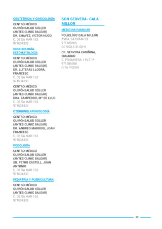 OBSTETRICIA Y GINECOLOGÍA
CENTRO MÉDICO
QUIRÓNSALUD SÓLLER
(ANTES CLINIC BALEAR)
DR. CHAVEZ, VICTOR HUGO
C. DE SA MAR 163
971634333
ODONTOLOGÍA-
ESTOMATOLOGÍA
CENTRO MÉDICO
QUIRÓNSALUD SÓLLER
(ANTES CLINIC BALEAR)
DR. LLITERAS LLODRÁ,
FRANCESC
C. DE SA MAR 163
971634333
CENTRO MÉDICO
QUIRÓNSALUD SÓLLER
(ANTES CLINIC BALEAR)
DRA. SAMPEDRO, Mª DE LLUC
C. DE SA MAR 163
971634333
OTORRINOLARINGOLOGÍA
CENTRO MÉDICO
QUIRÓNSALUD SÓLLER
(ANTES CLINIC BALEAR)
DR. ANDREO MARROIG, JOAN
FRANCESC
C. DE SA MAR 163
971634333
PODOLOGÍA
CENTRO MÉDICO
QUIRÓNSALUD SÓLLER
(ANTES CLINIC BALEAR)
SR. PETRO CASTELL, JUAN
ANTONIO
C. DE SA MAR 163
971634333
PEDIATRÍA Y PUERICULTURA
CENTRO MÉDICO
QUIRÓNSALUD SÓLLER
(ANTES CLINIC BALEAR)
C. DE SA MAR 163
971634333
SON SERVERA- CALA
MILLOR
MEDICINA FAMILIAR
POLICLÍNIC CALA MILLOR
AVDA. SA COMA 33
971585865
DE 9.00 A 21.00 H
DR. SERVERA CARIÑINA,
EDUARDO
C. PRIMAVERA 1 PLT 1ª
971585698
CITA PREVIA
59
BALEARES BASIC_GO.qxp 8/12/15 13:32 Página 59
 
