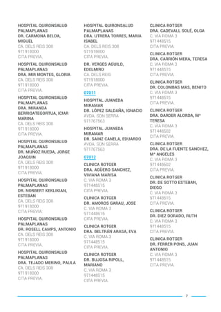HOSPITAL QUIRONSALUD
PALMAPLANAS
DR. CARMONA BELDA,
MIGUEL
CA. DELS REIS 308
971918000
CITA PREVIA.
HOSPITAL QUIRONSALUD
PALMAPLANAS
DRA. MIR MONTES, GLORIA
CA. DELS REIS 308
971918000
CITA PREVIA.
HOSPITAL QUIRONSALUD
PALMAPLANAS
DRA. MIRANDA
BERRIOATEGORTUA, ICIAR
MARINA
CA. DELS REIS 308
971918000
CITA PREVIA.
HOSPITAL QUIRONSALUD
PALMAPLANAS
DR. MUÑOZ RUEDA, JORGE
JOAQUIN
CA. DELS REIS 308
971918000
CITA PREVIA.
HOSPITAL QUIRONSALUD
PALMAPLANAS
DR. NORBERT KEKLIKIAN,
ESTEBAN
CA. DELS REIS 308
971918000
CITA PREVIA.
HOSPITAL QUIRONSALUD
PALMAPLANAS
DR. ROSELL CAMPS, ANTONIO
CA. DELS REIS 308
971918000
CITA PREVIA.
HOSPITAL QUIRONSALUD
PALMAPLANAS
DRA. TEJADO MERINO, PAULA
CA. DELS REIS 308
971918000
CITA PREVIA.
HOSPITAL QUIRONSALUD
PALMAPLANAS
DRA. UTRERA TORRES, MARIA
ISABEL
CA. DELS REIS 308
971918000
CITA PREVIA.
DR. VERGES AGUILO,
EDELMIRO
CA. DELS REIS
971918000
CITA PREVIA.
07011
HOSPITAL JUANEDA
MIRAMAR
DR. LÓPEZ SALDAÑA, IGNACIO
AVDA. SON SERRA
971767563
HOSPITAL JUANEDA
MIRAMAR
DR. SAINZ CANELA, EDUARDO
AVDA. SON SERRA
971767563
07012
CLINICA ROTGER
DRA. AGÜERO SANCHEZ,
VIVIANA MARISA
C. VIA ROMA 3
971448515
CITA PREVIA.
CLINICA ROTGER
DR. AMOROS GARAU, JOSE
C. VIA ROMA 3
971448515
CITA PREVIA.
CLINICA ROTGER
DRA. BELTRÁN ARASA, EVA
C. VIA ROMA 3
971448515
CITA PREVIA.
CLINICA ROTGER
DR. BUJOSA RIPOLL,
MARIANO
C. VIA ROMA 3
971448515
CITA PREVIA.
CLINICA ROTGER
DRA. CADEVALL SOLÉ, OLGA
C. VIA ROMA 3
971448515
CITA PREVIA.
CLINICA ROTGER
DRA. CARRIÓN MERA, TERESA
C. VIA ROMA 3
971448515
CITA PREVIA.
CLINICA ROTGER
DR. COLOMBAS MAS, BENITO
C. VIA ROMA 3
971448515
CITA PREVIA.
CLINICA ROTGER
DRA. DARDER ALORDA, Mª
TERESA
C. VIA ROMA 3
971448502
CITA PREVIA.
CLINICA ROTGER
DRA. DE LA FUENTE SANCHEZ,
Mª ANGELES
C. VIA ROMA 3
971448502
CITA PREVIA.
CLINICA ROTGER
DR. DE SOTTO ESTEBAN,
DIEGO
C. VIA ROMA 3
971448515
CITA PREVIA.
CLINICA ROTGER
DR. DIEZ DORADO, RUTH
C. VIA ROMA 3
971448515
CITA PREVIA.
CLINICA ROTGER
DR. FERRER PONS, JUAN
ANTONIO
C. VIA ROMA 3
971448515
CITA PREVIA.
7
BALEARES BASIC_GO.qxp 8/12/15 13:32 Página 7
 