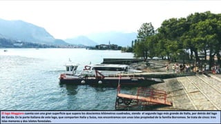 El lago Maggiore cuenta con una gran superficie que supera los doscientos kilómetros cuadrados, siendo el segundo lago más grande de Italia, por detrás del lago
de Garda. En la parte italiana de este lago, que comparten Italia y Suiza, nos encontramos con unas islas propiedad de la familia Borromeo. Se trata de cinco: tres
islas menores y dos islotes forestales.
 